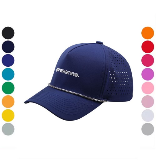Manufacturers Custom Rubber Patch Logo Wholesale 5 Panel Laser Cut Perforated Waterproof Performance Snapback Golf Hat with Rope Manufacturers Custom Rubber Patch Logo Wholesale 5 Panel Laser Cut Perforated Waterproof Performance Snapback Golf Hat with Rope